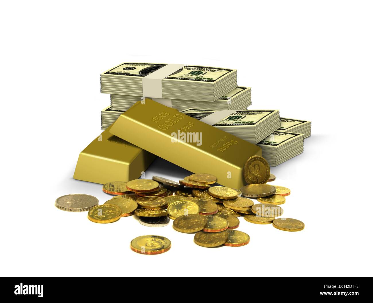 Gold Bar with Currency Notes and Coins Stock Photo