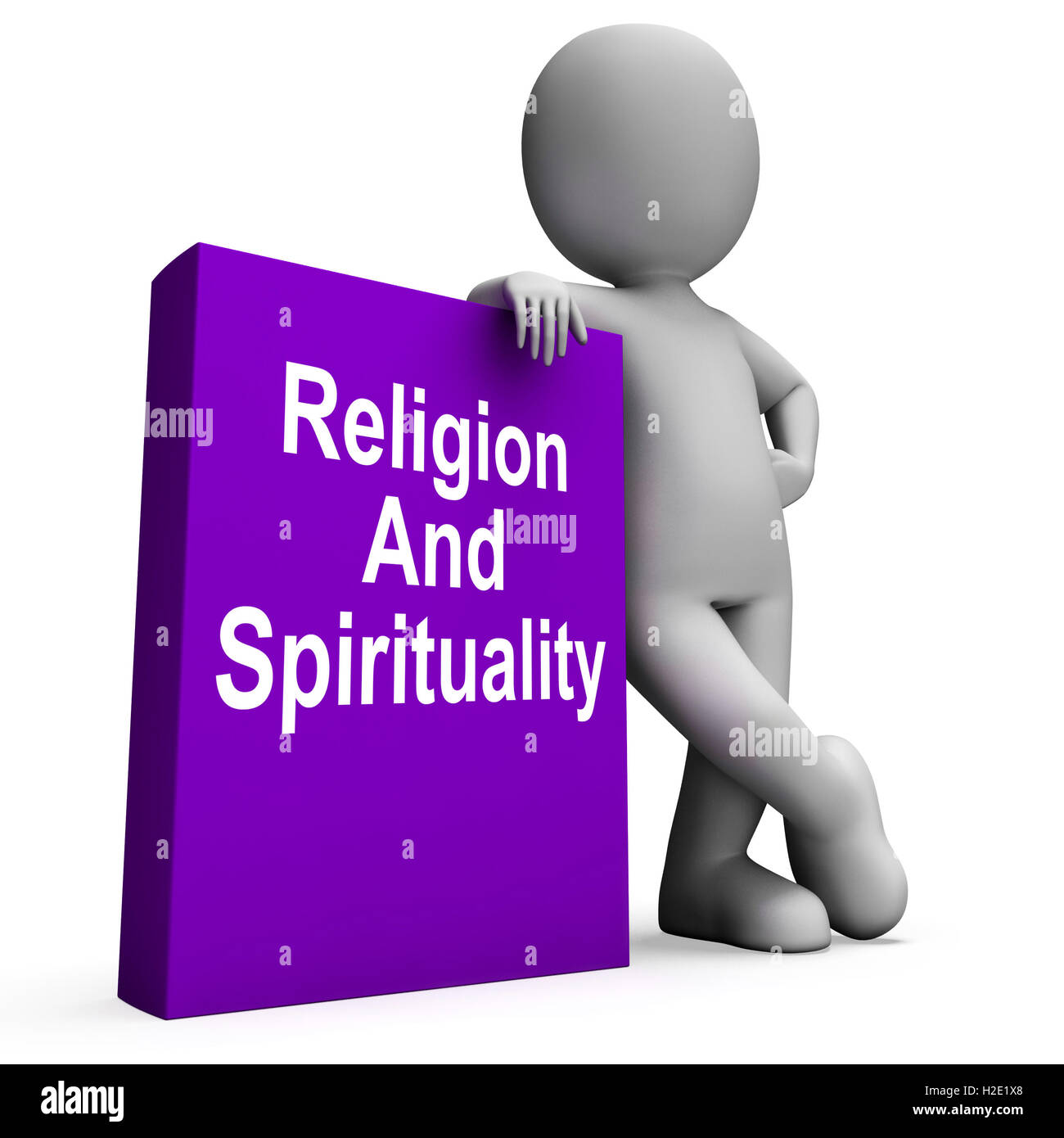 Religion And Spirituality Book With Character Shows Religious Sp Stock Photo