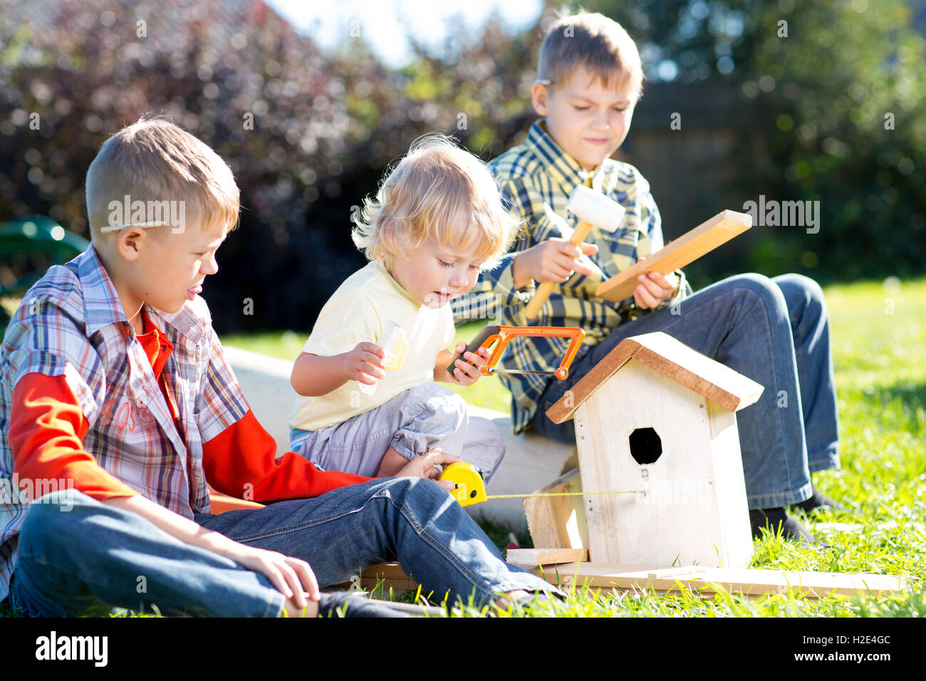Kids boys brothers play and build birdhouse sitting on green grass Stock Photo
