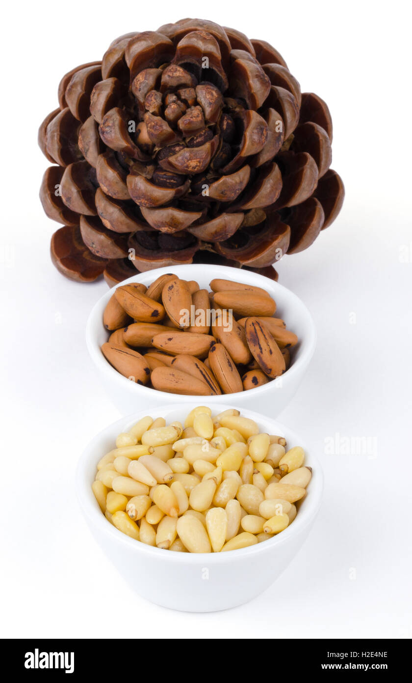 Stone pine cone with seeds and nuts over white. Geometric Pinophyta cone, seeds, nutshells and shelled nuts in white bowls. Stock Photo