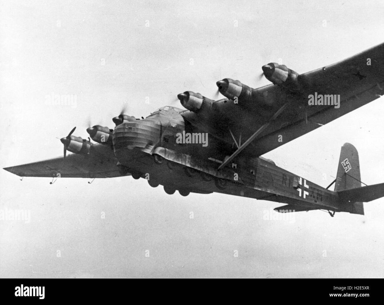 The Nazi propaganda image depicts the flying transport aircraft Messerschmitt Me 323 'Gigant' RF+XM of the German Wehrmacht. The photo was published in November 1943. Fotoarchiv für Zeitgeschichte - NO WIRE SERVICE -  | usage worldwide Stock Photo