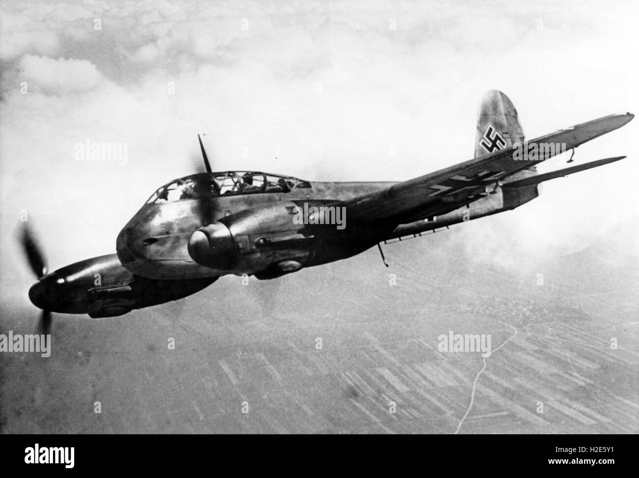 The Nazi propaganda image depicts an airplane, type Messerschmitt Me 210 of the German Wehrmacht during a scouting mission. The photo was published in August 1944. Fotoarchiv für Zeitgeschichte - NO WIRE SERVICE -  | usage worldwide Stock Photo