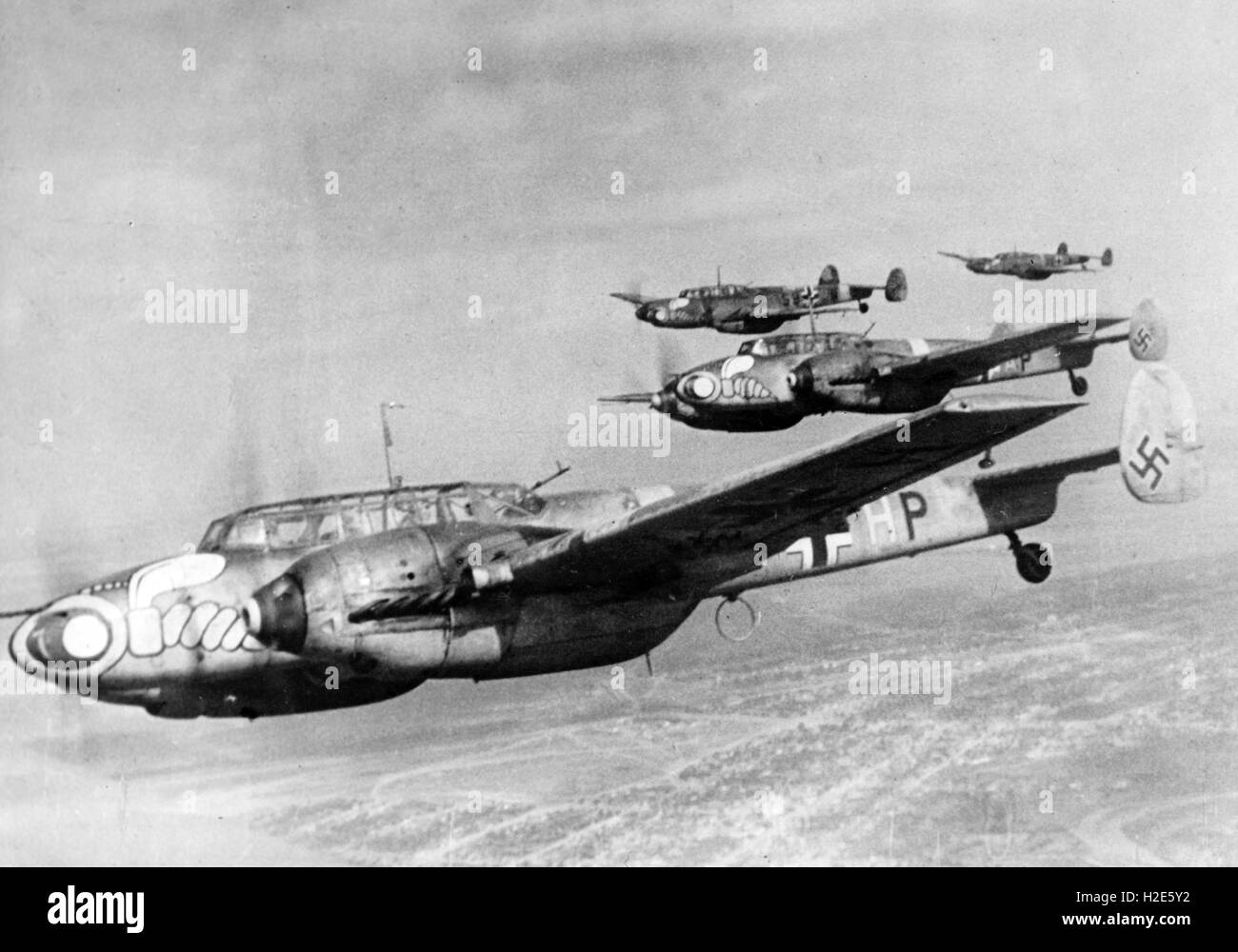 The Nazi propaganda image depicts airplanes, type Messerschmitt Bf 110 of the Wespengeschwade (lit. destroyer wing) of the German Wehrmacht on the Eastern Front in the Caucasus. The photo was taken in October 1942. Fotoarchiv für Zeitgeschichte - NO WIRE SERVICE -  | usage worldwide Stock Photo