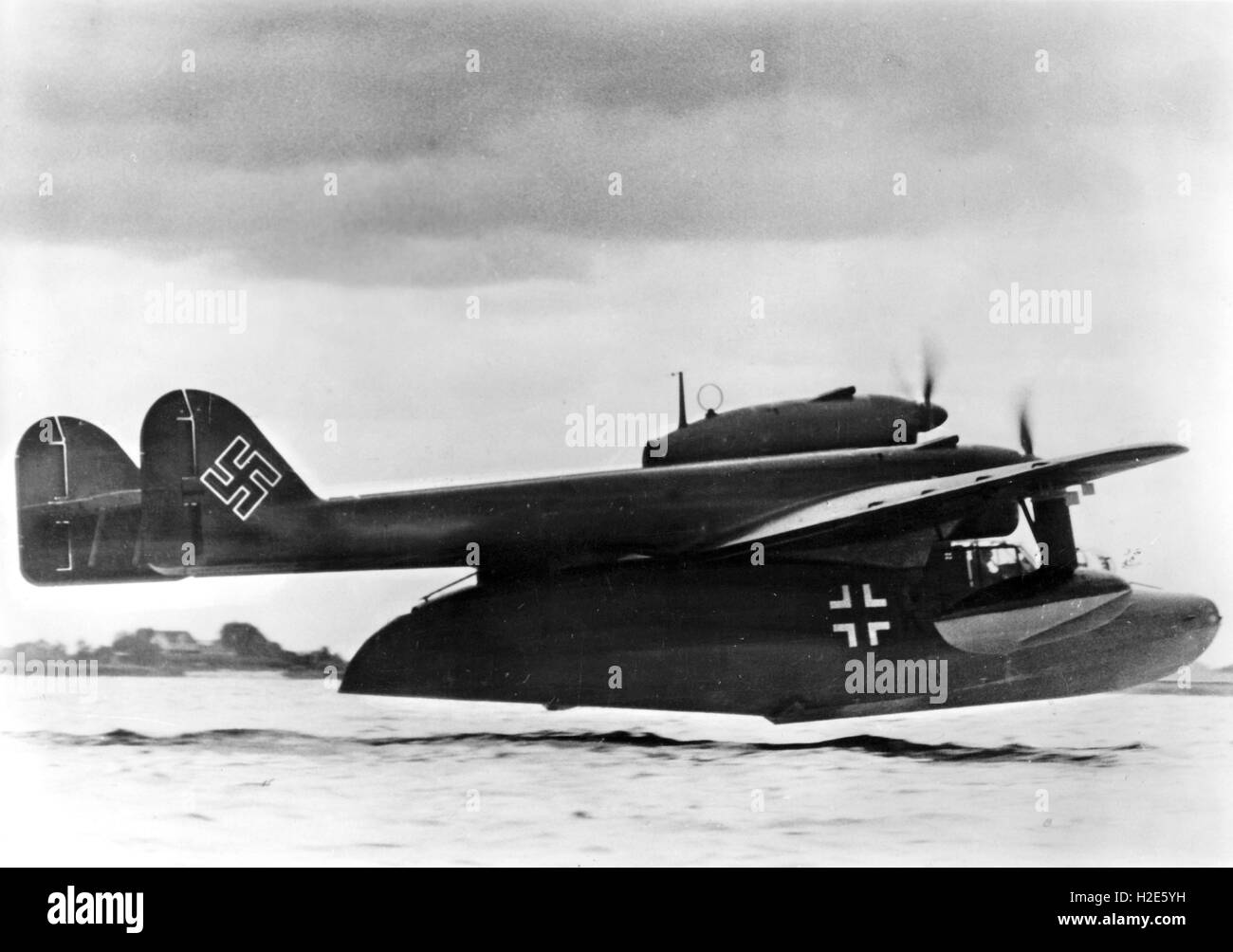 The Nazi propaganda image depicts an aircraft, type Blohm & Voss BV 138 of the German Wehrmacht flying over water. The photo was published in July 1942. Fotoarchiv für Zeitgeschichte - NO WIRE SERVICE -  | usage worldwide Stock Photo