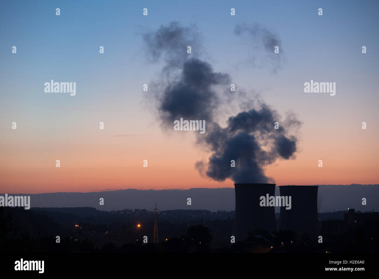 Electrical power plant at dawn, near Charleroi, Wallonia, Belgium Stock Photo