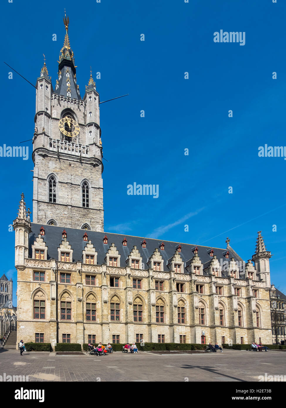 Belfry with cloth hall at Sint-Baafsplein, Ghent, Flanders, Belgium Stock Photo