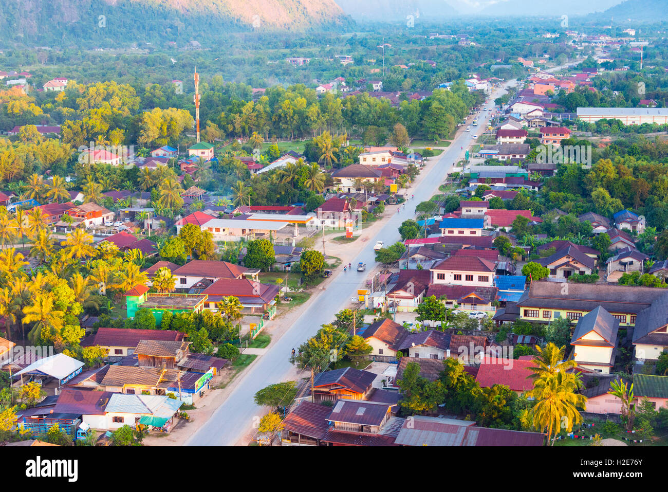 Aerial view of city, Vang Vieng, Vientiane Province, Laos Stock Photo