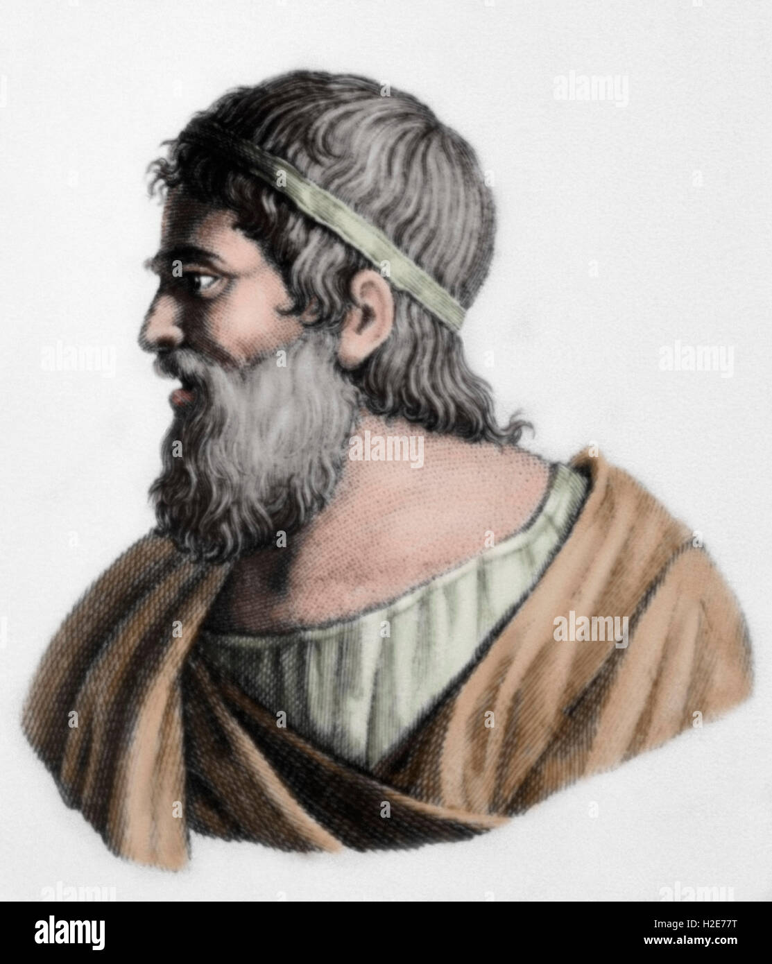 Archimedes (Syracuse-Syracuse-287, -212). Greek mathematician, physicist, engineer, inventor, and astronomer. Portrait. Engraving. Colored. Stock Photo
