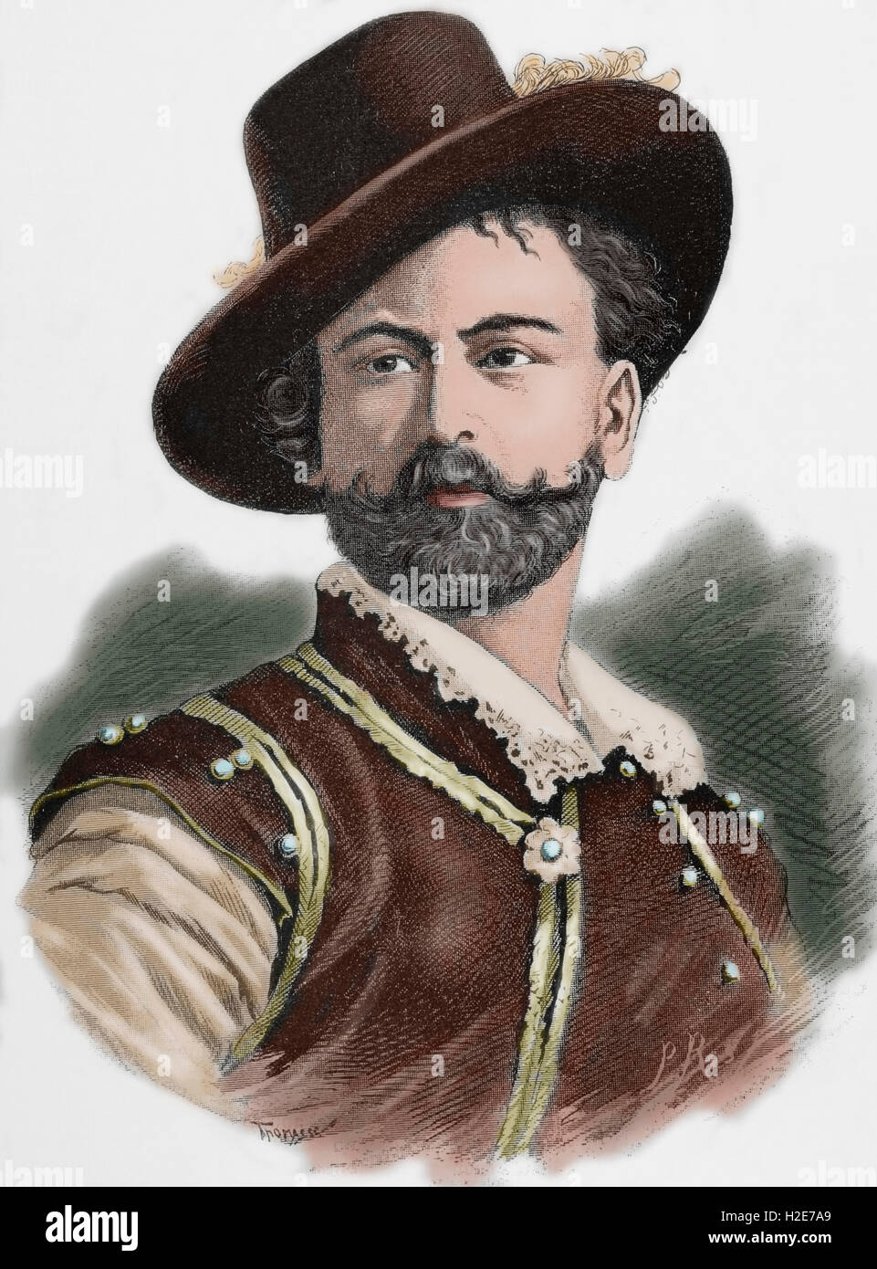 Victor Maurel (1848-1923). French baritone. Portrait. Engraving by P. Ros in  'La Ilustración Artística', 1885. Colored. Stock Photo