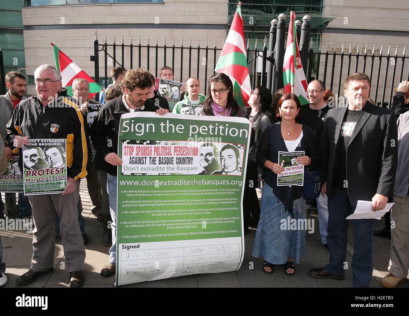 Supporters of Arturo Arteaga,  hold a demo outside Belfast Laganside Courts, Belfast, Northern Ireland, Oct 5,  2009. 'Don't  Extradite the Basques Campaign' held a demo to coincide with the start of  the hearing for Villaneva who is wanted in his homeland for alleged terrorism offenses. Stock Photo