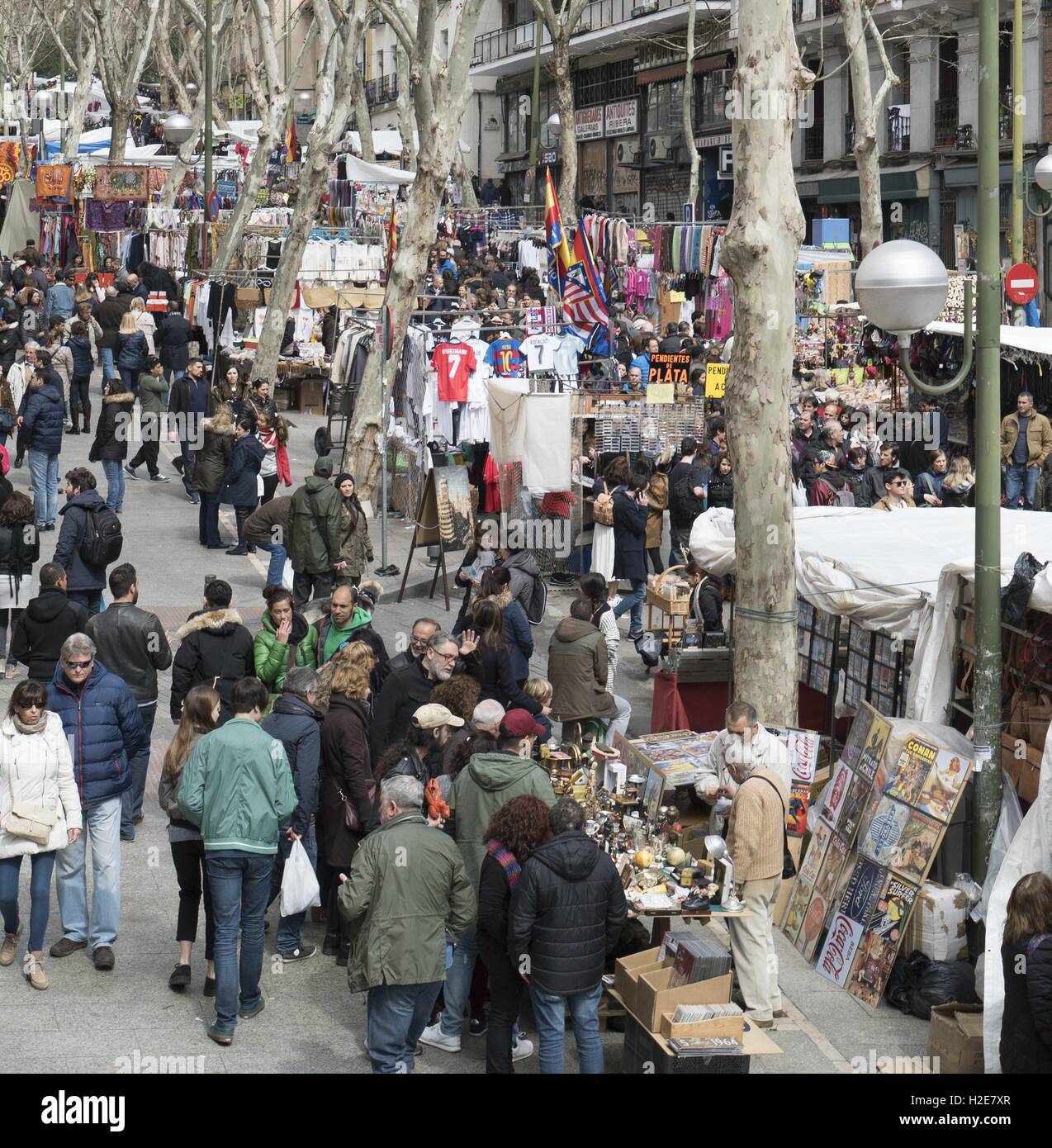 weekly Sunday El Rastro Flea Market in Madrid, one of the biggest flea 