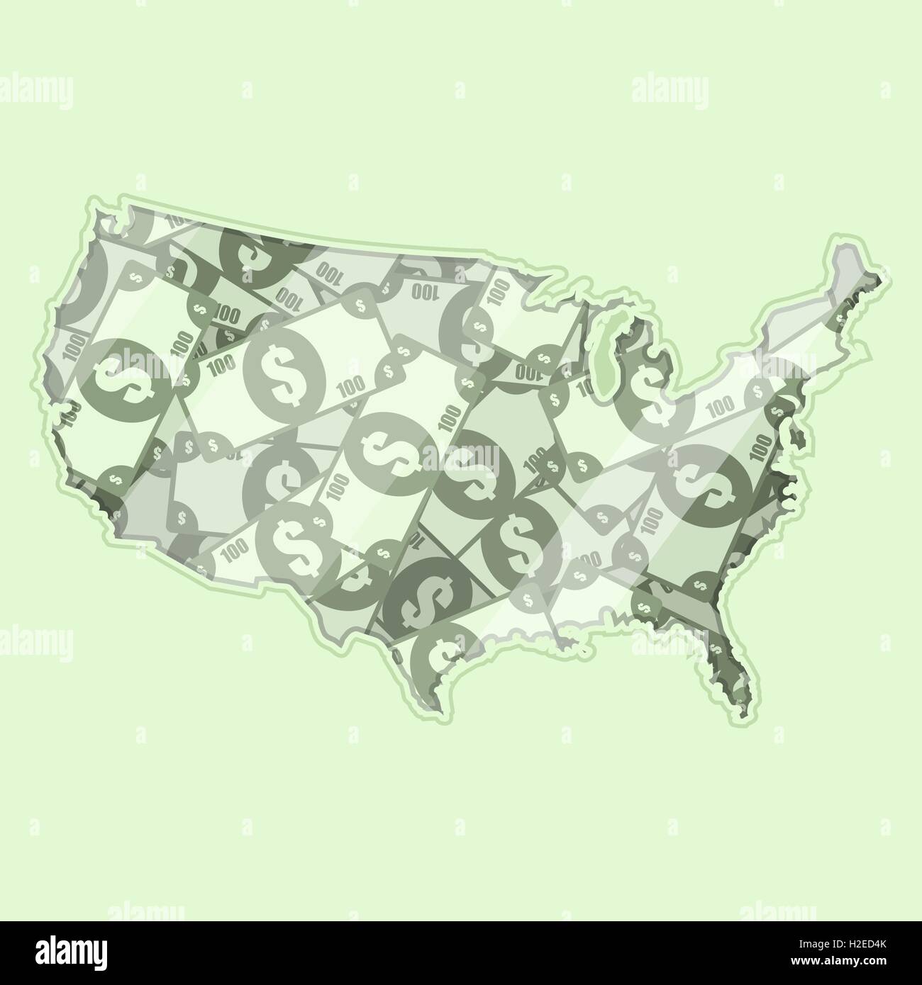 Map United States covered in money, bank notes of 100 dollars. On the map there is glass reflection. Conceptual. Stock Vector
