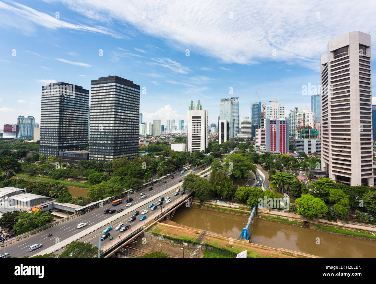 Jakarta skyline with modern office towers along Jalan Sudirman in Indonesia capital city business district. Stock Photo