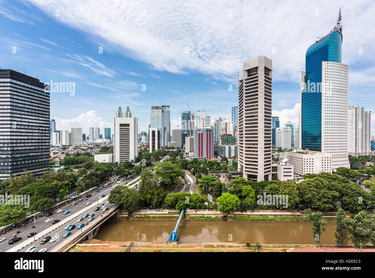 Jakarta skyline with modern office towers and hotels along Jalan Sudirman in Indonesia capital city business district. Stock Photo