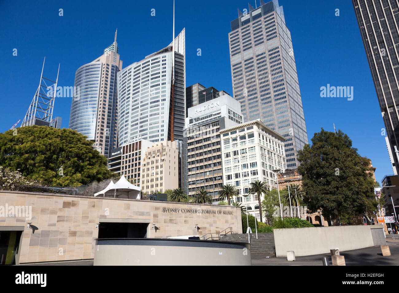 Sydney conservatorium of music and Aurora place, Chifley Tower and Governor Macquarie tower behind,Sydney,Australia Stock Photo