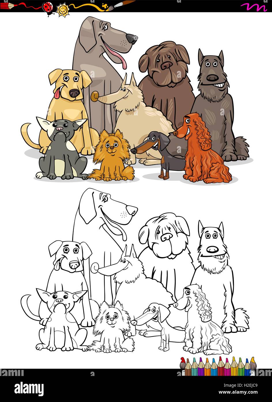 Cartoon Illustration of Purebred Dog Pet Characters Group Coloring Book ...