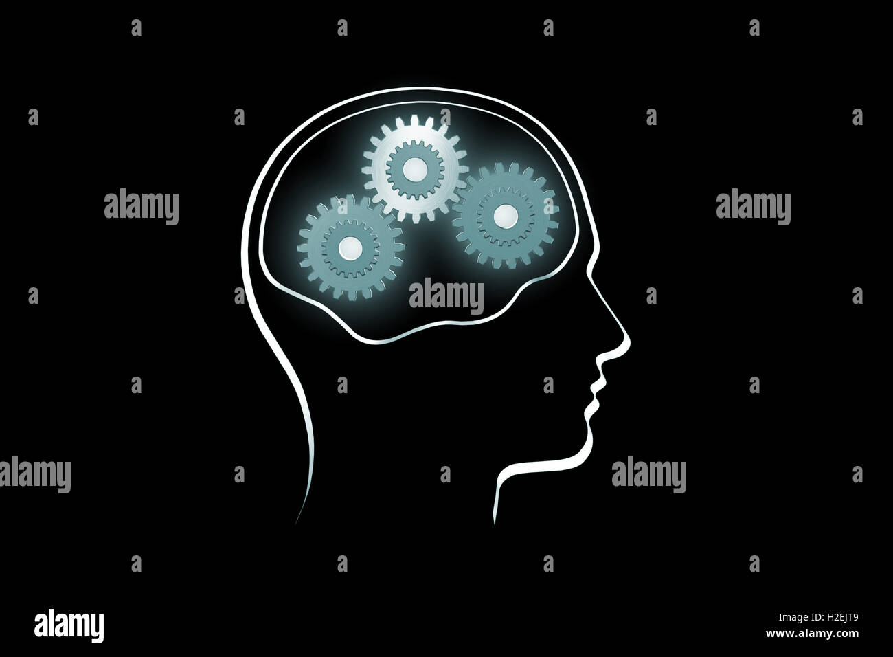 The contour of a human head on a dark background. Rotate the gears (the ...