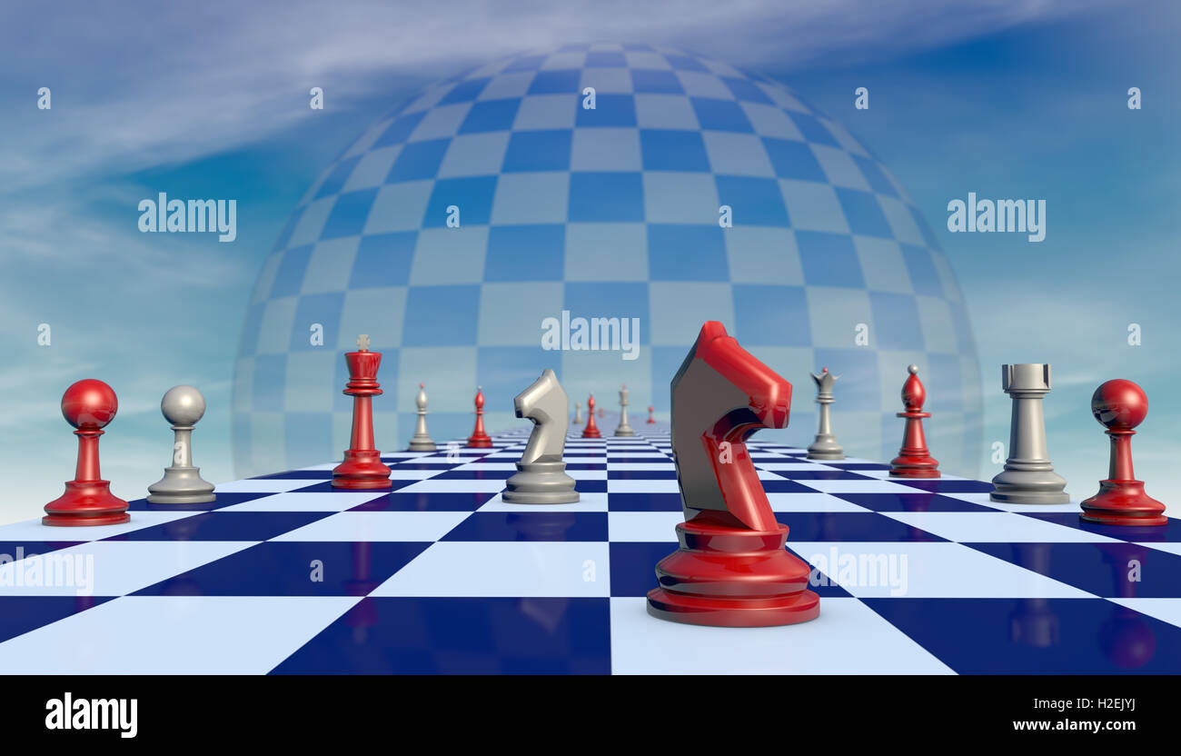 Chess pieces on a chessboard long (fantastic background). Stock Photo