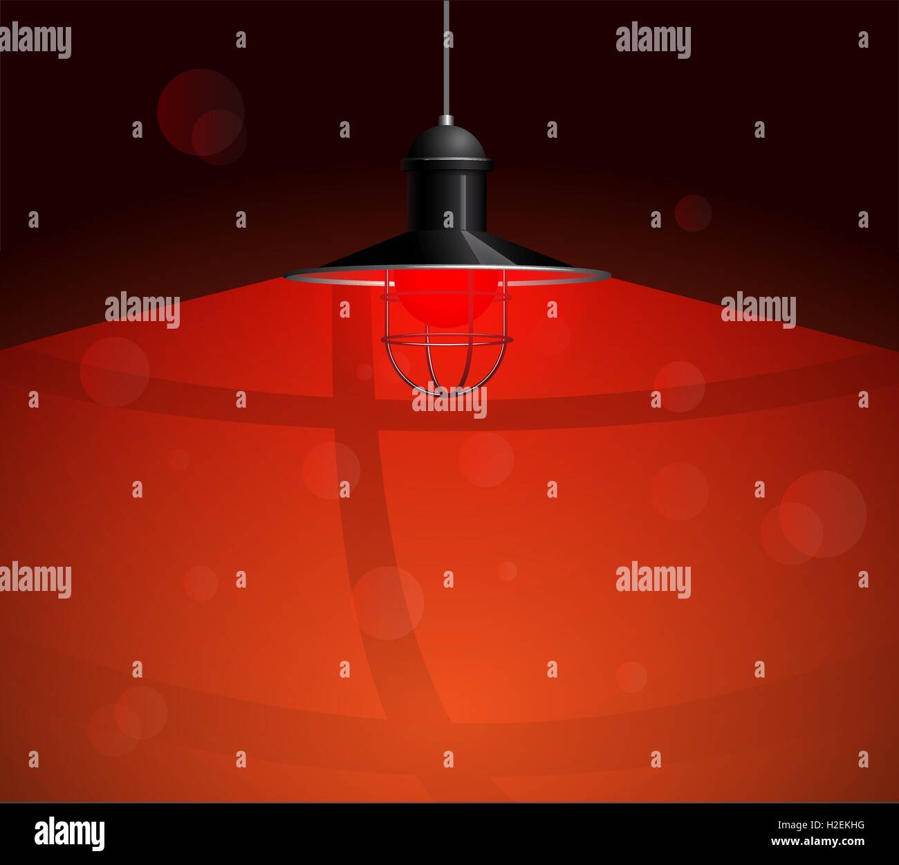 Ancient black lamp hanging with red bulb. Big and empty space