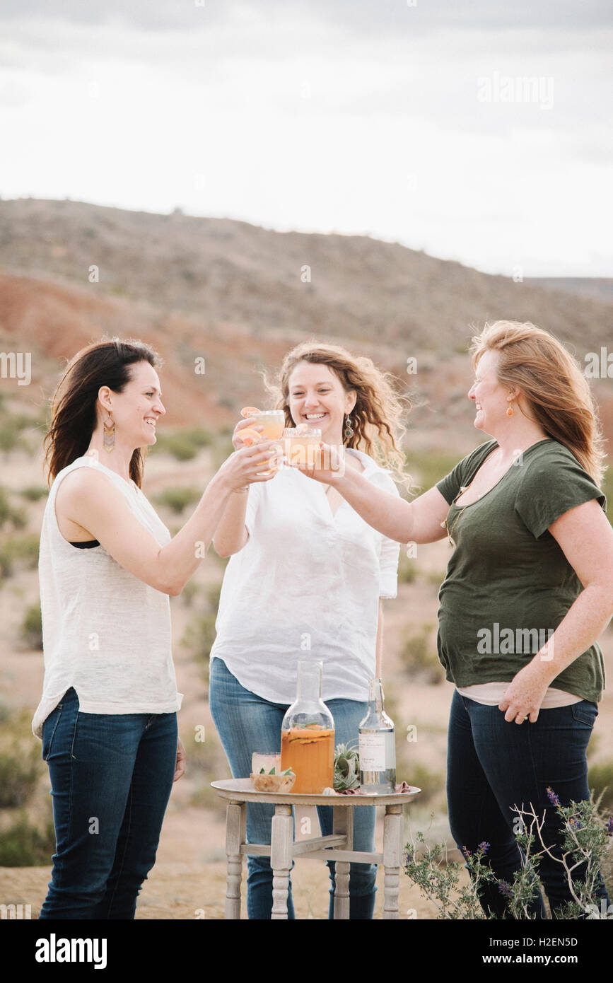 Three women standing in a desert landscape having a drink, making a toast. Stock Photo