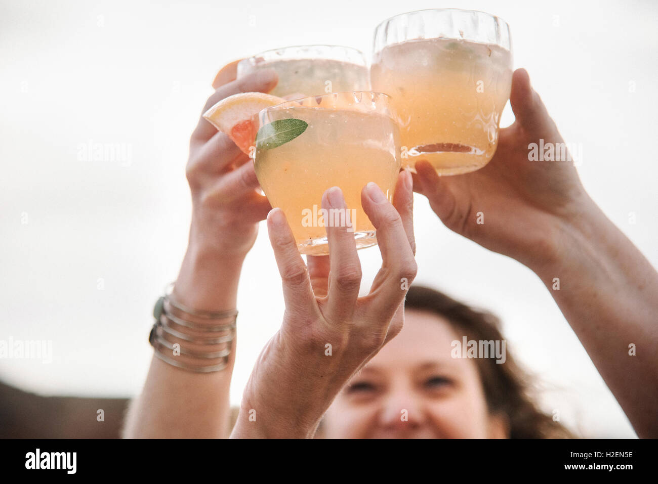 Three women standing in a desert landscape toasting each other.  Raising glasses. Stock Photo