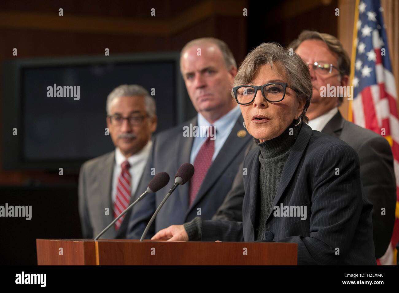 Washington DC, USA. 27th September, 2016. U.S Senator Barbara Boxer of California joins fellow Democrats calling on Republicans to include aid for the Flint water crisis in the government funding resolution during a press conference on Capitol Hill September 27, 2016 in Washington, DC. Credit:  Planetpix/Alamy Live News Stock Photo