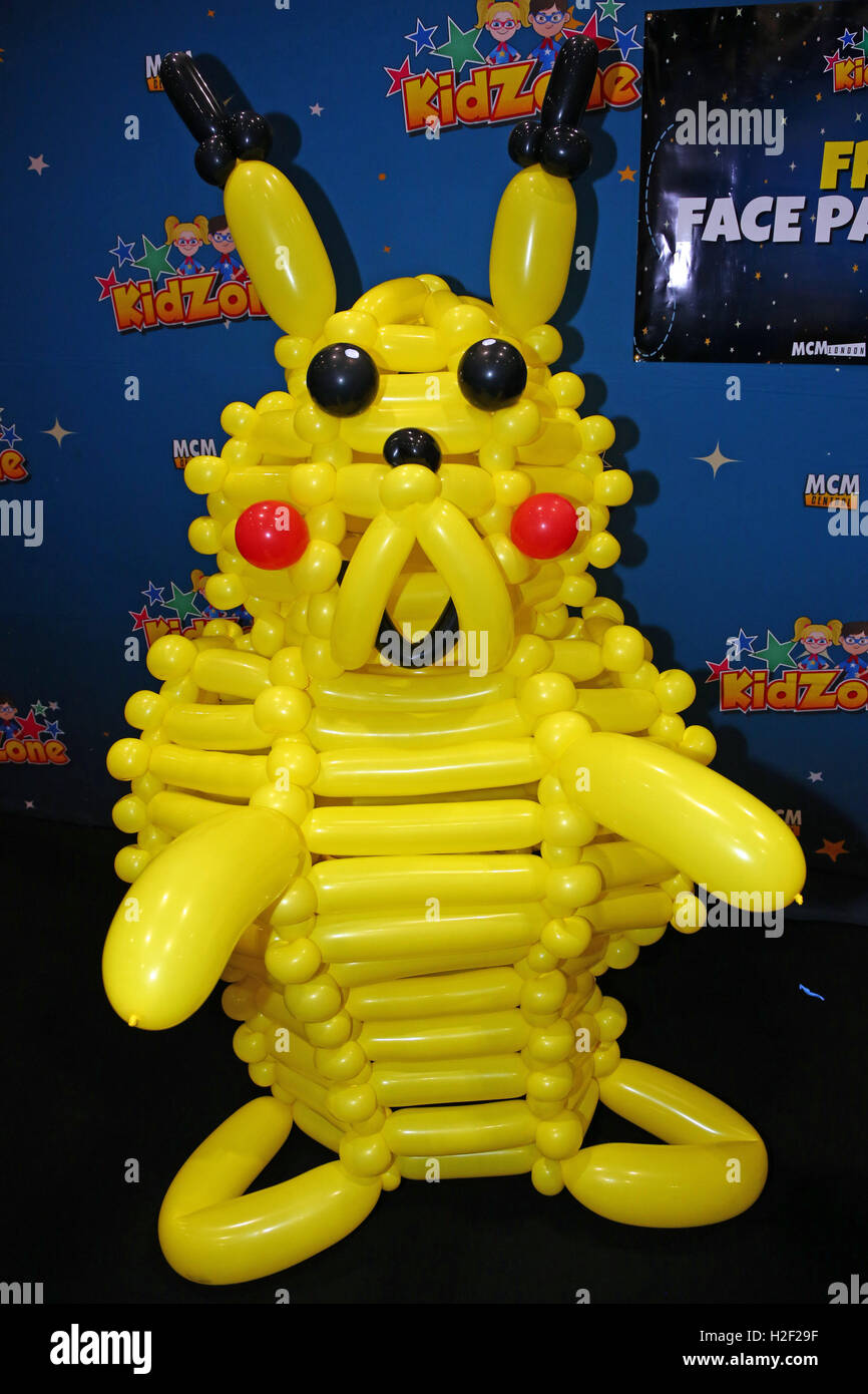 London, UK. 28th October 2016. Pikachu balloon model at MCM London Comic  Con at Excel London a modern pop culture event where people can meet stars  of film and TV and dress
