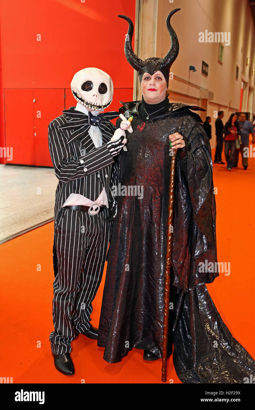 London, UK. 28th October 2016. Participants dressed as Jack Skellington and Maleficent at MCM London Comic Con at Excel London a modern pop culture event where people can meet stars of film and TV and dress up in costume as their favourite characters from film,, TV, manga and anime, also known as cosplay Credit:  Paul Brown/Alamy Live News Stock Photo