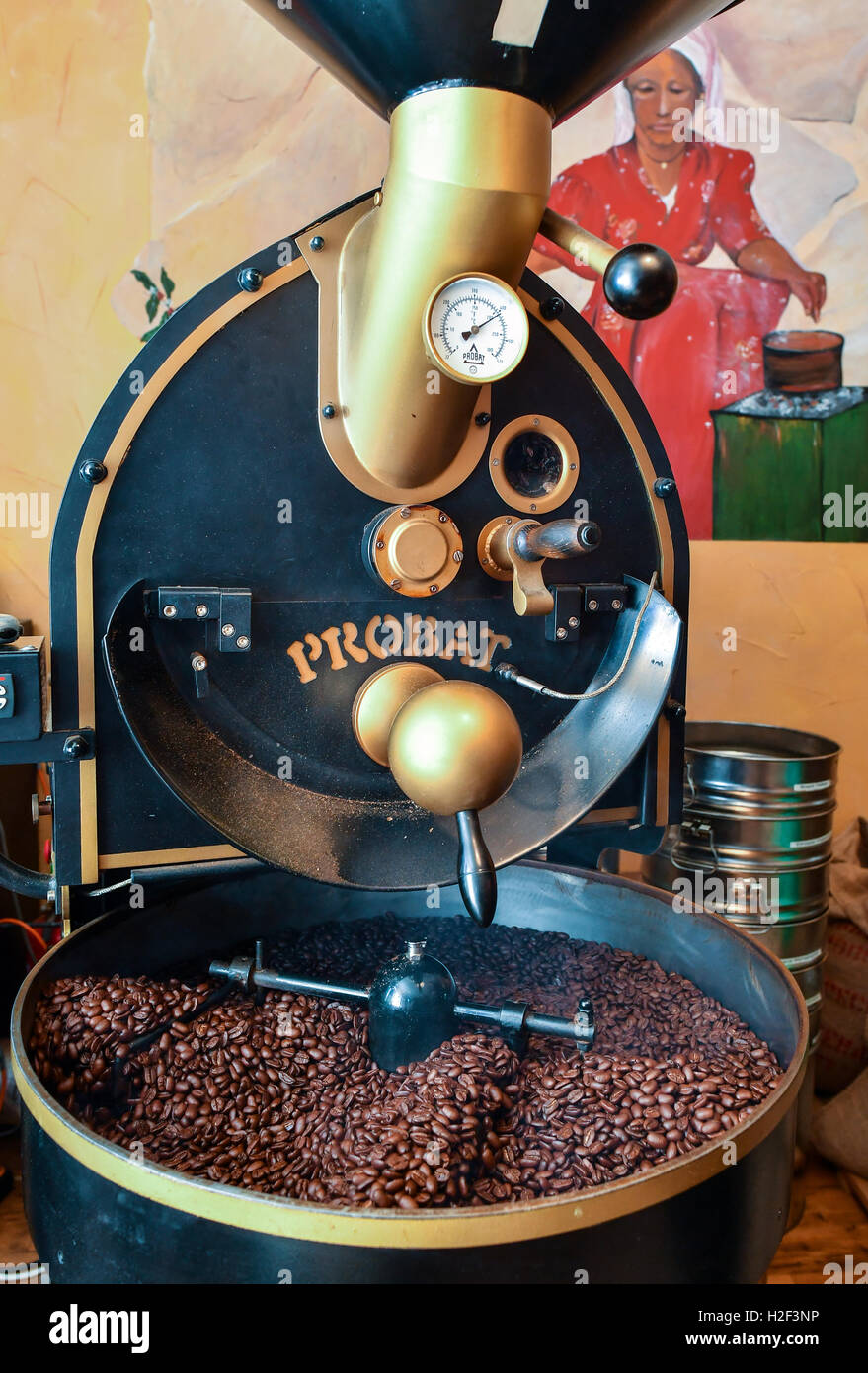 A coffee roasting machine at the coffee roasting facility at Kaffee
