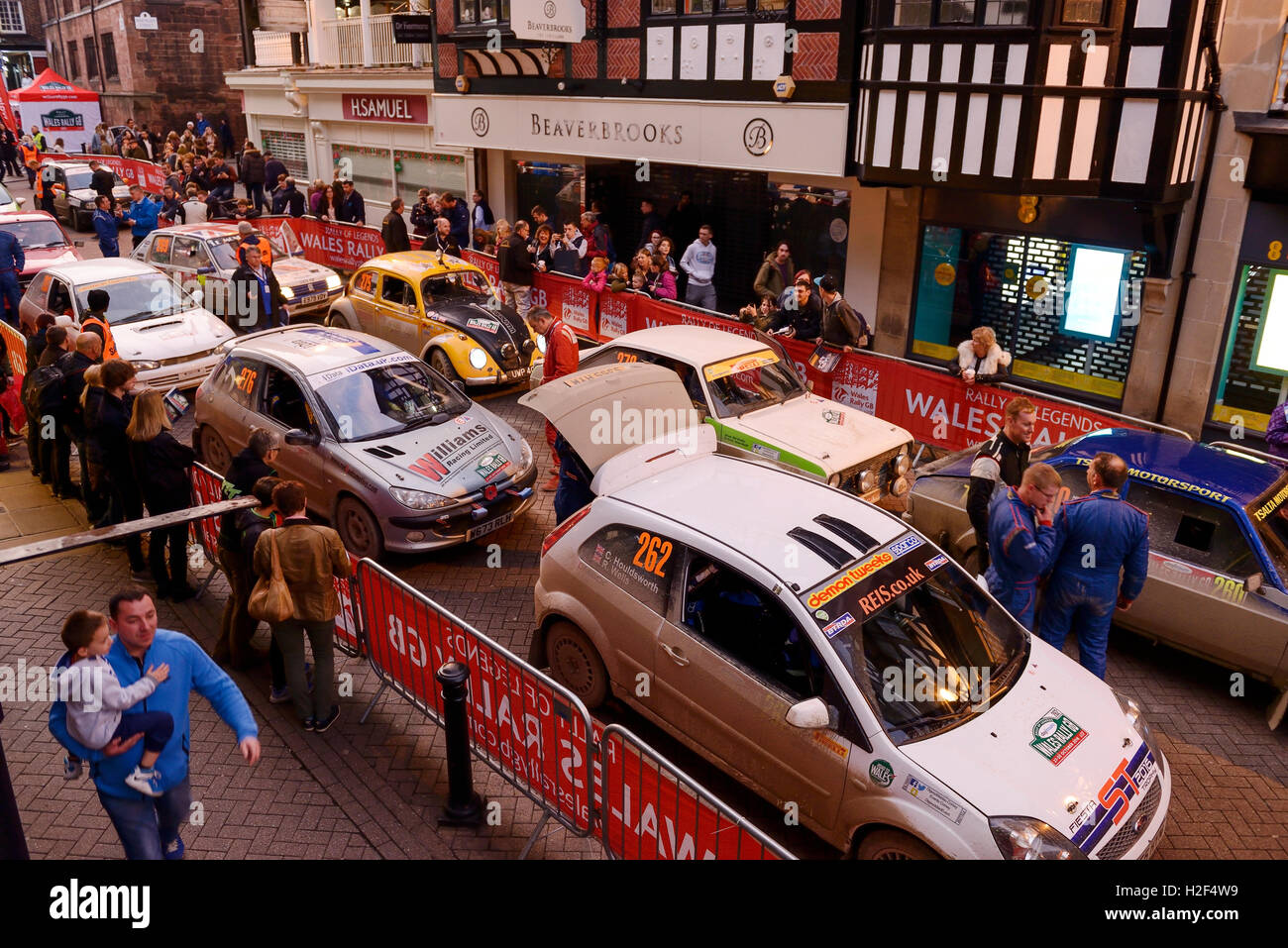Chester, UK. 28th October, 2016. Wales Rally GB. At the end of day one, cars competing in the WRGB National Rally drive through Chester City centre. Credit: Andrew Paterson/Alamy Live News Stock Photo