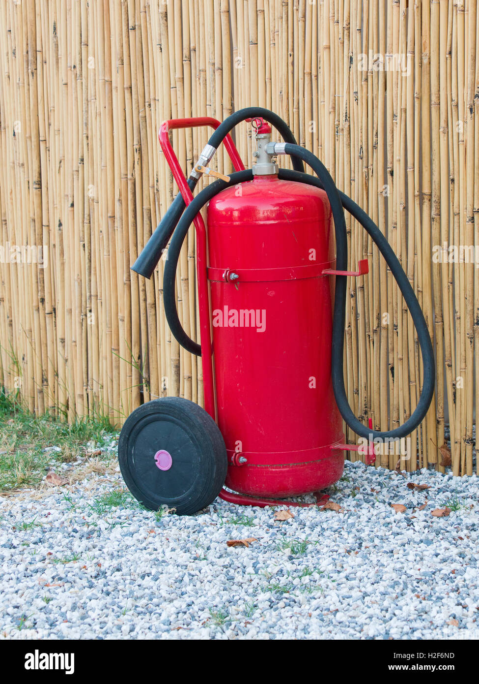 Wheeled fire extinguisher outdoor in front of a wall of bamboo canes