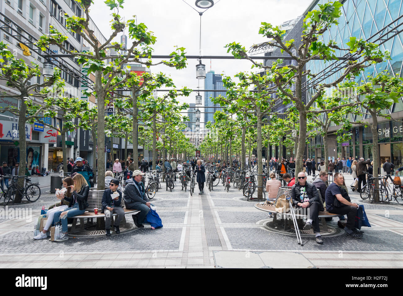 FRANKFURT AM MAIN, GERMANY - MAY 18, 2016: people walk along the Zeil in midday in Frankfurt, Germany. Since the 19th century it Stock Photo