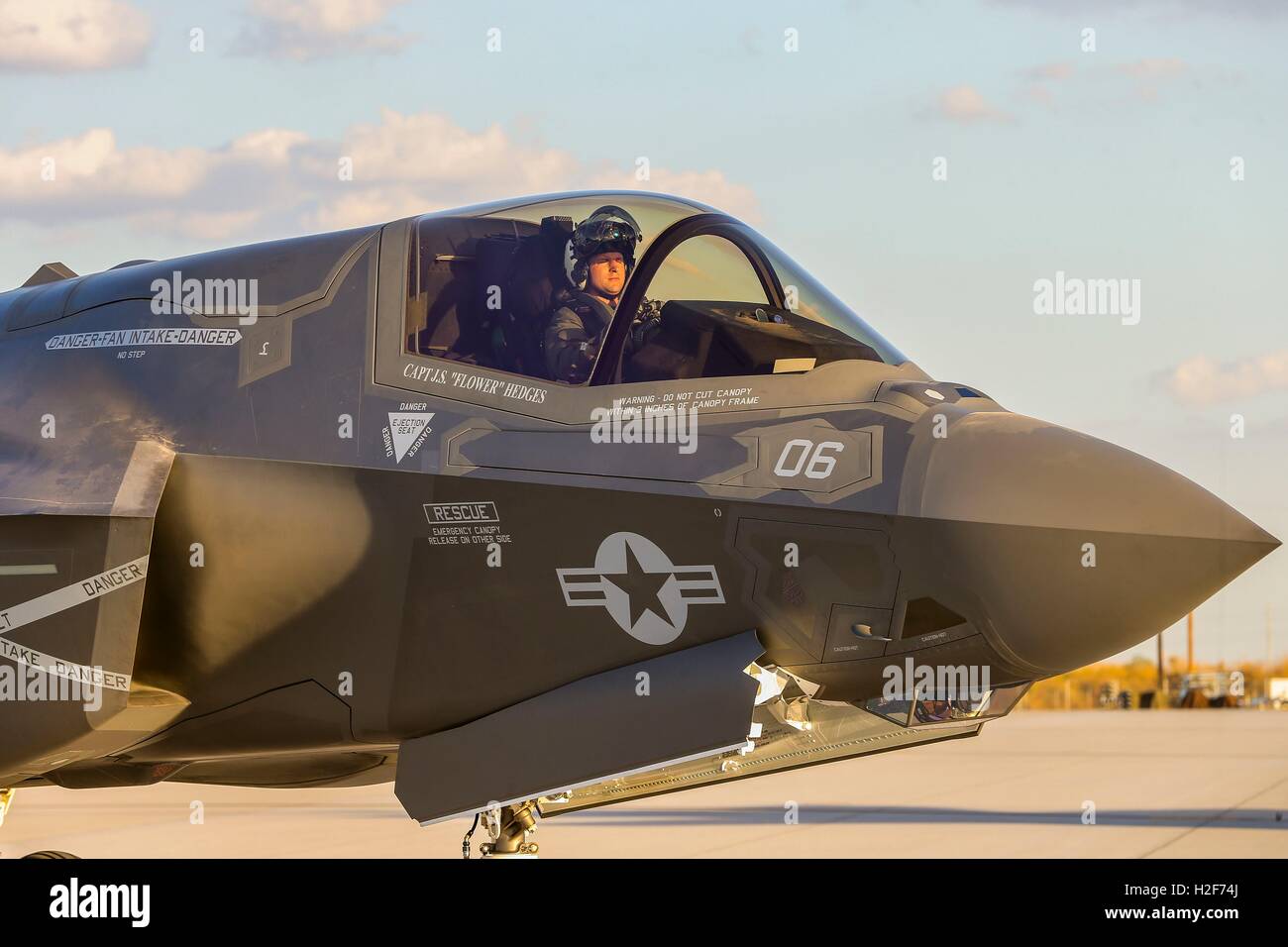 U.S. Marines prepare for takeoff in F-35 stealth fighter aircraft during a WTI 1-17 training event at the Marine Corps Air Station September 22, 2016 in Yuma, Arizona. Stock Photo