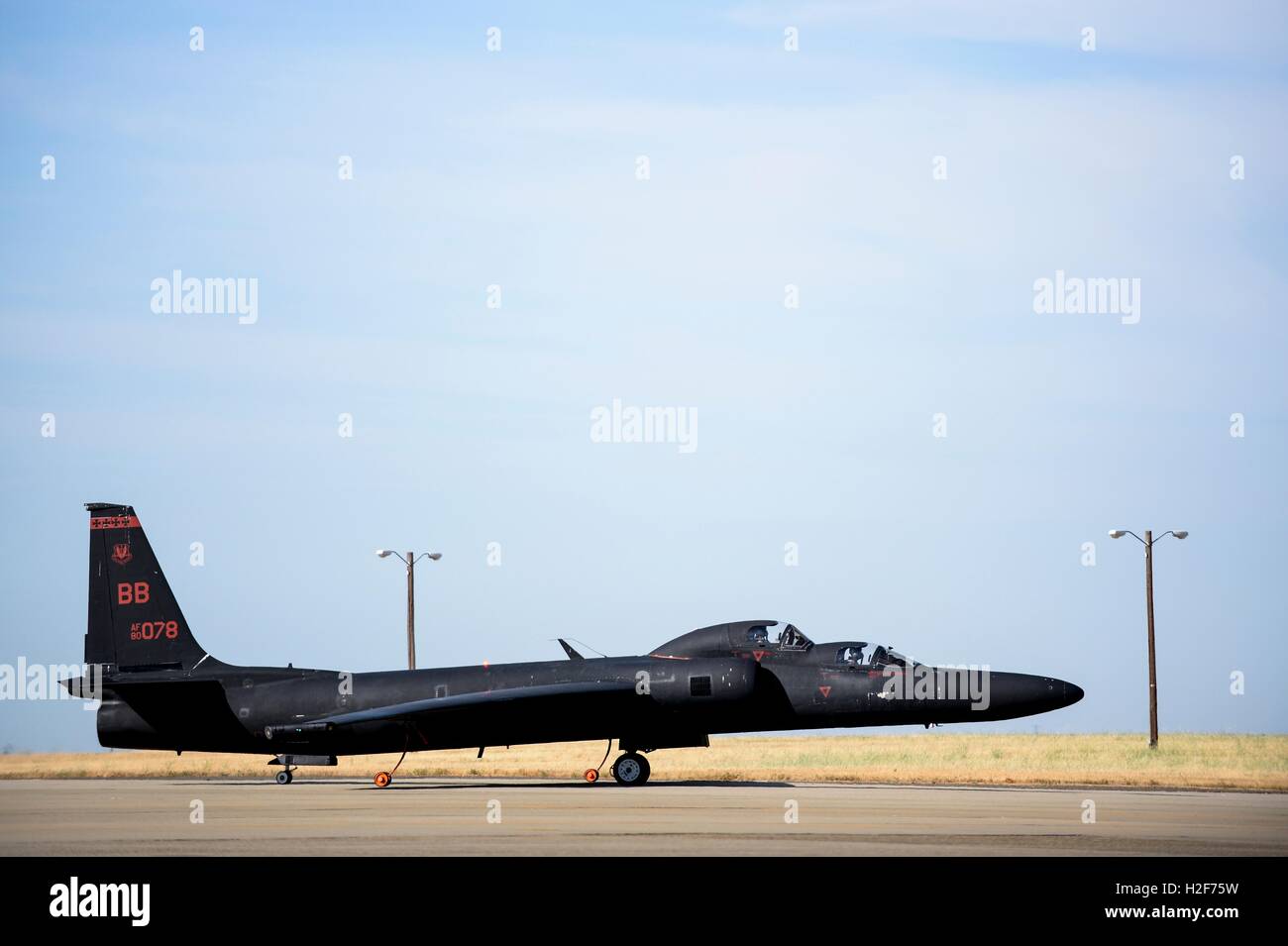 A U.S. Air Force U-2S Dragon Lady spy aircraft prepares to launch from Beale Air Force Base June 14, 2016 in Maryville, California. Stock Photo