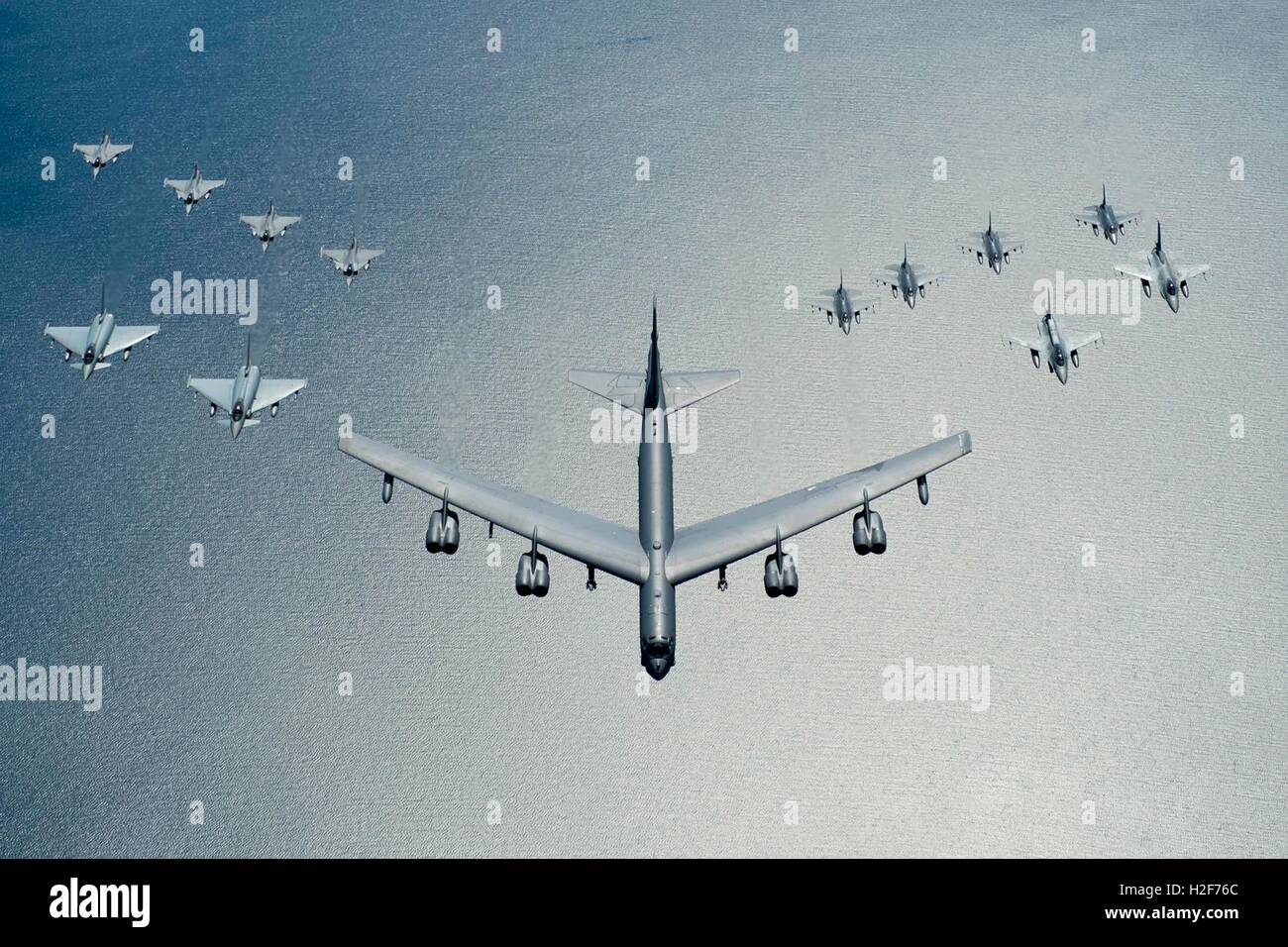 A U.S. Air Force B-52 Stratofortress aircraft leads a flight formation during exercise Baltic Operations June 9, 2016 over the Baltic Sea. Stock Photo