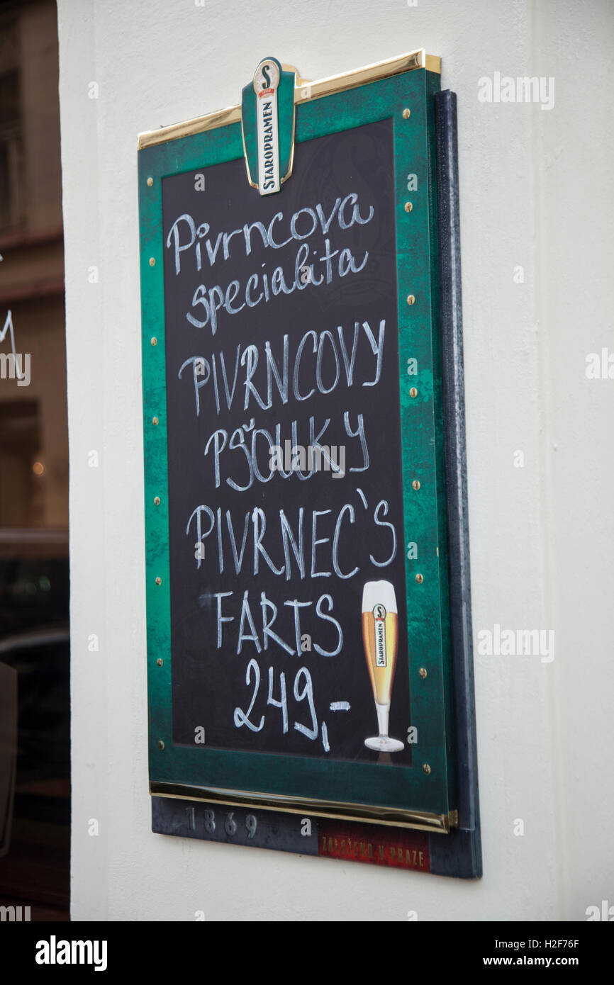 Czech beers including Farts beer on a notice board. Stock Photo