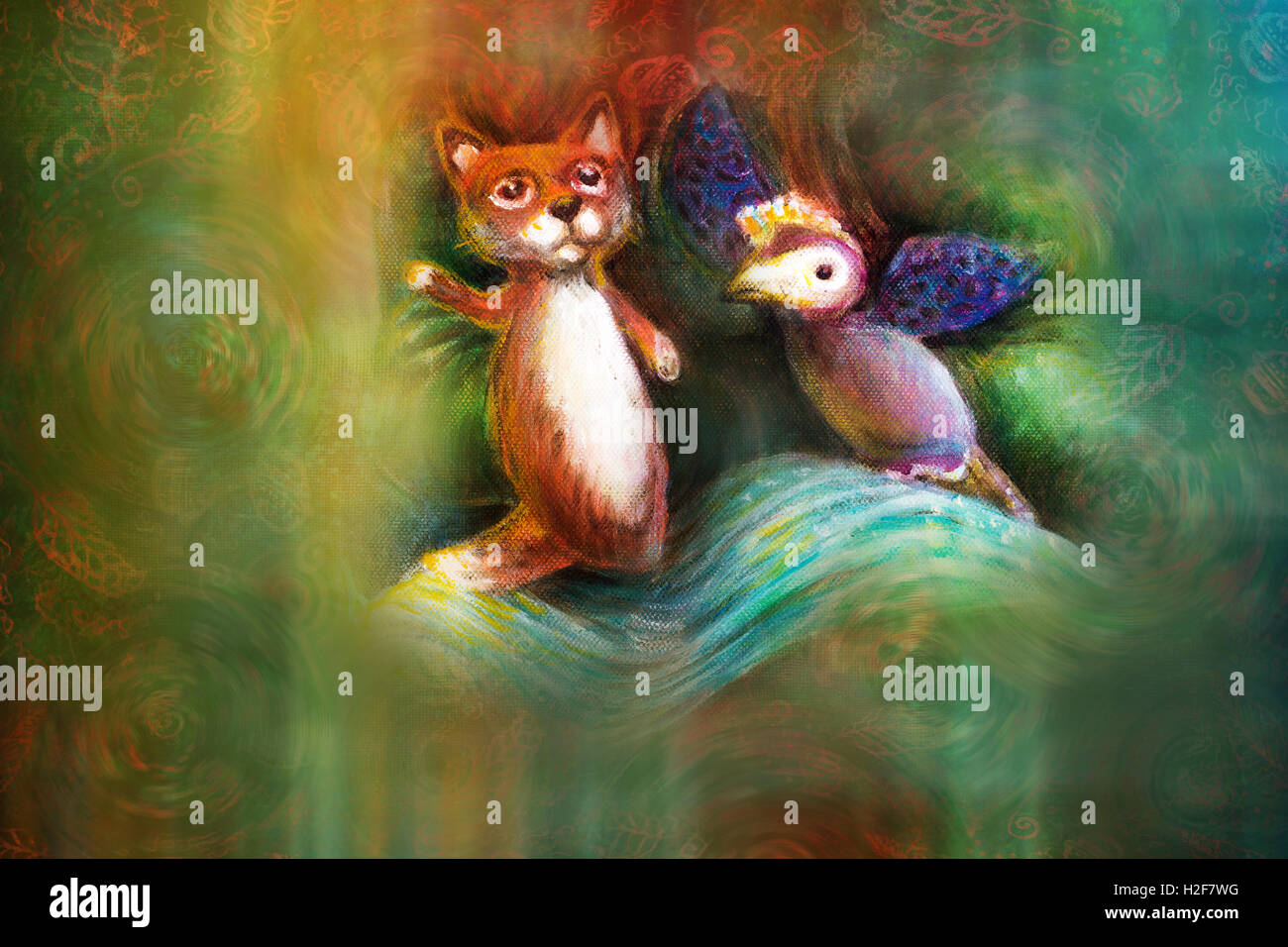 two animal puppets, fox and violet bird, on abstract background with