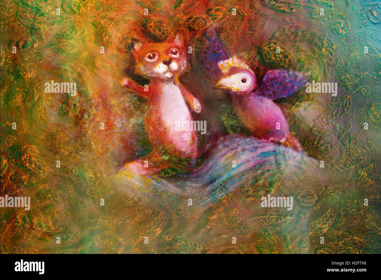 two animal puppets, fox and violet bird, on abstract background with