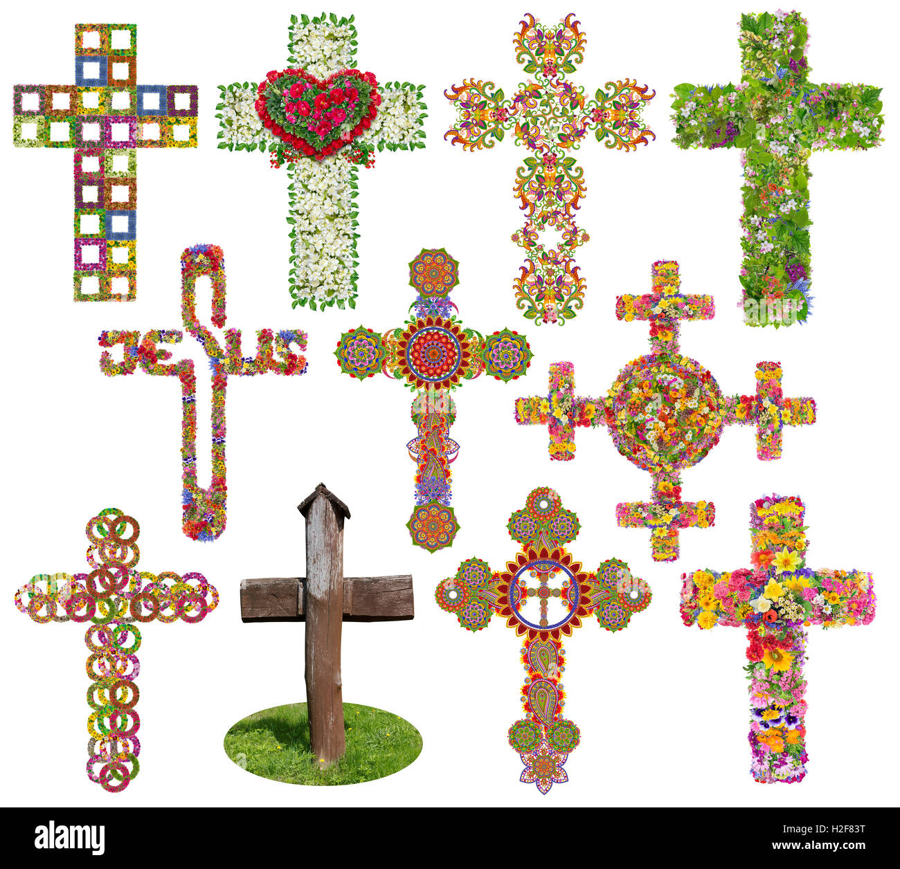 Jesus floral crosses set. Isolated on white  handmade abstract collage from summer flowers and green leaves. Full size images in Stock Photo