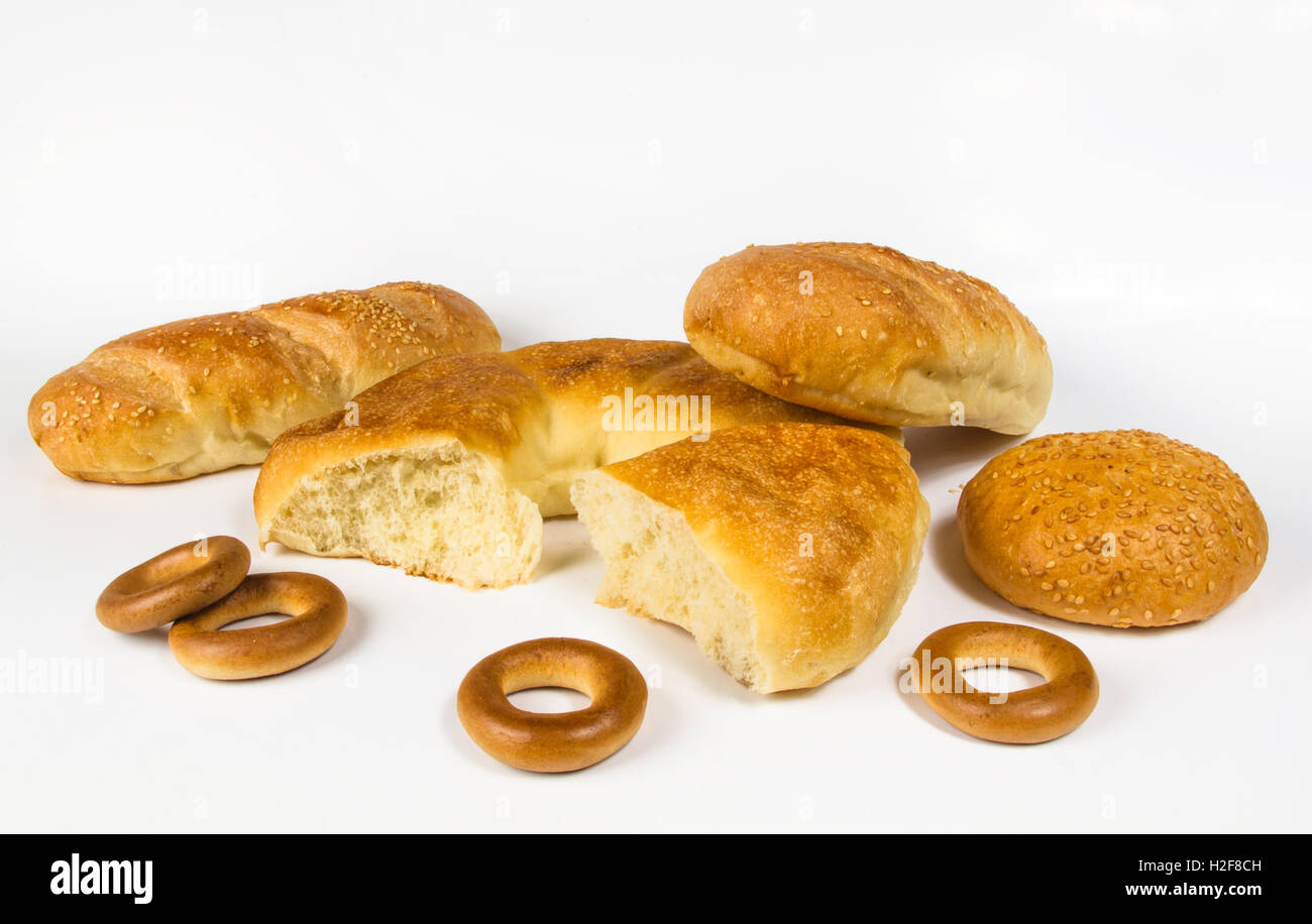 set whole wheat breads, crackers and bun on white background Stock ...