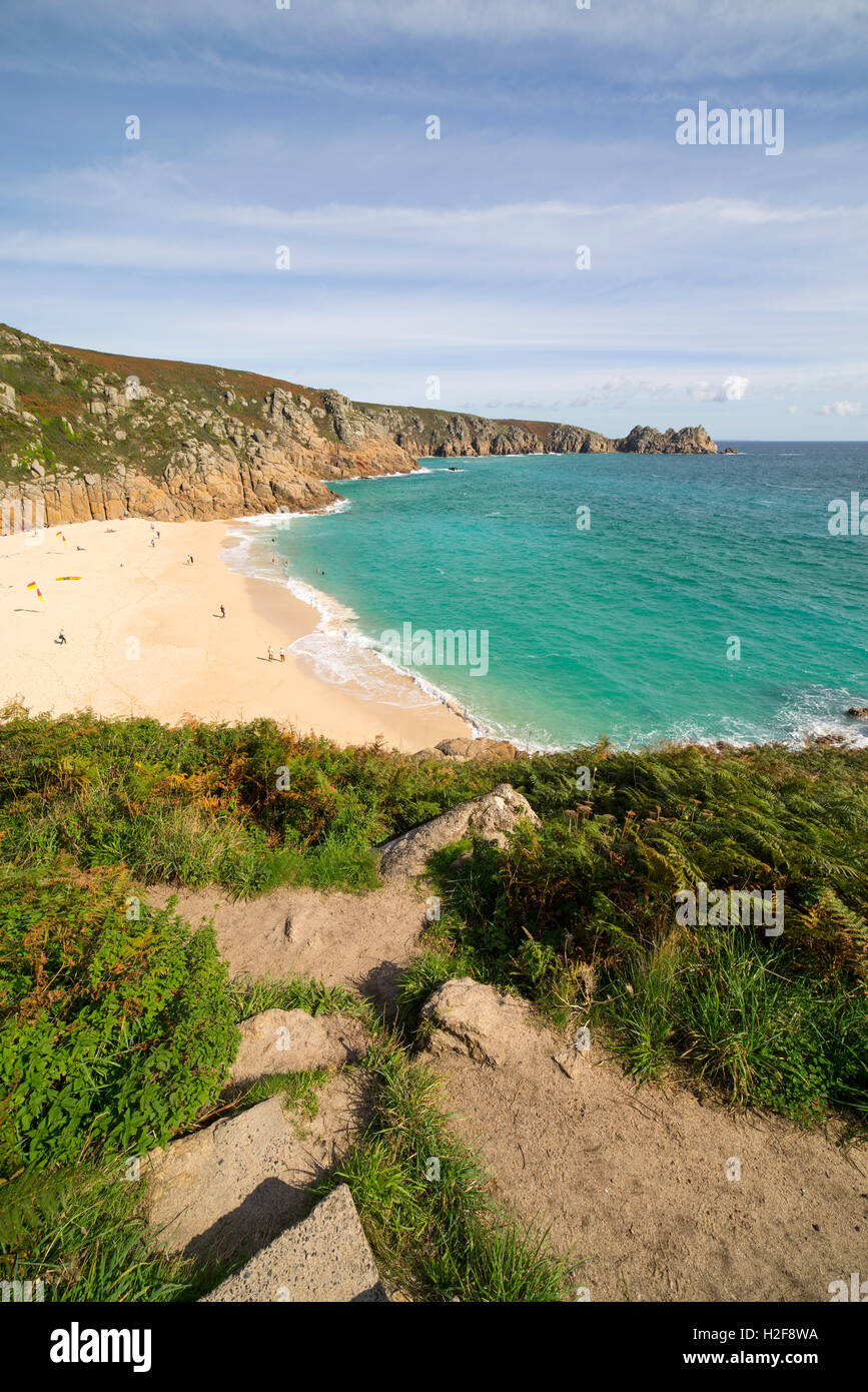 Path and steps down to Porthcurno beach on a sunny autumn day in Cornwall England. Stock Photo