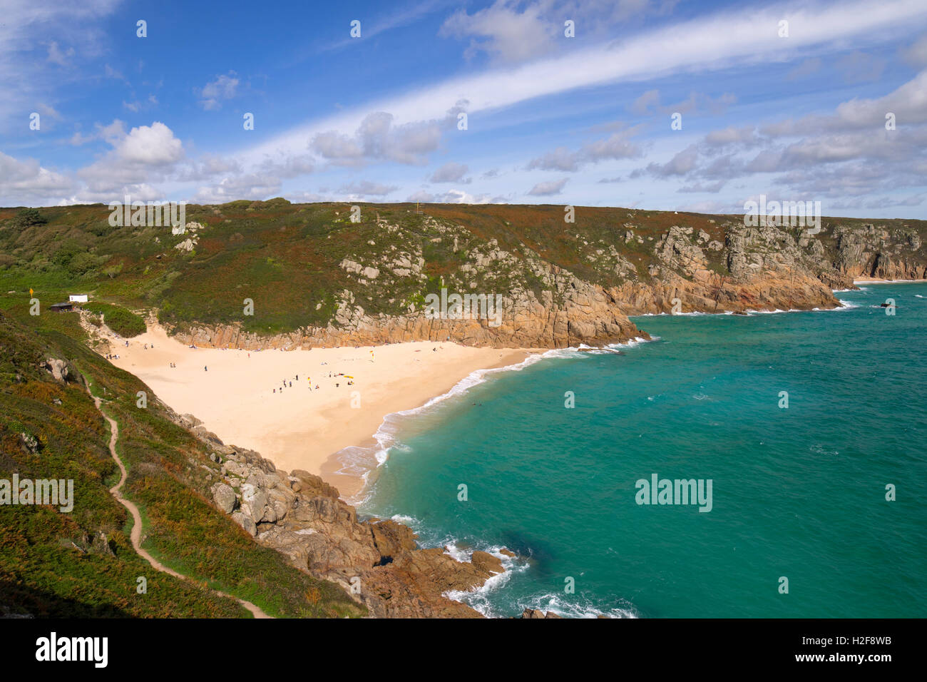 Above Porthcurno beach on a sunny autumn day in Cornwall England. Stock Photo