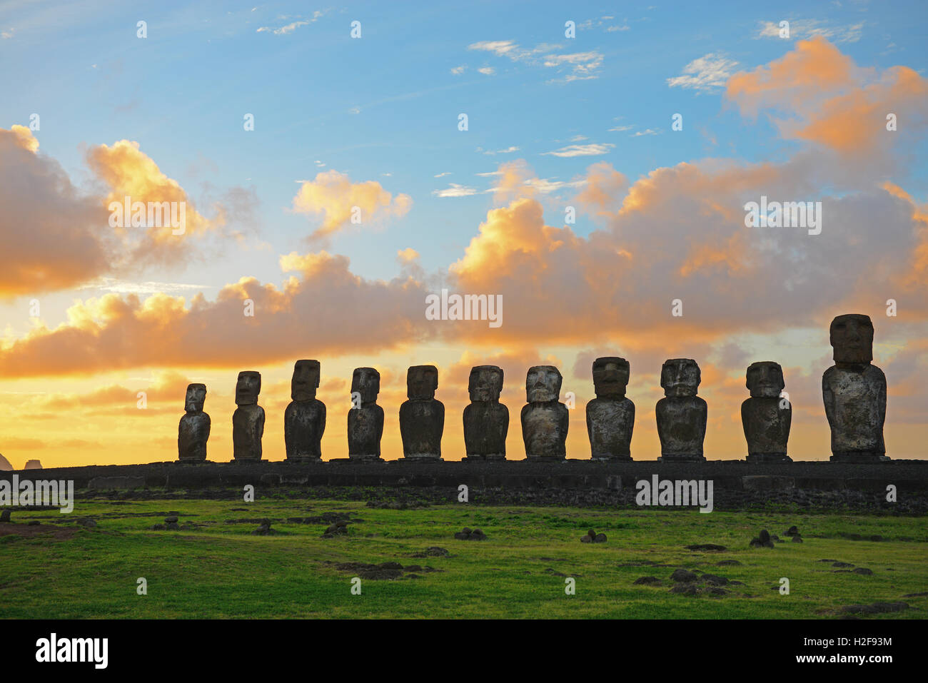Ahu Tongariki showing its moai at sunrise on the Easter Island (Rapa Nui), Chile. Stock Photo