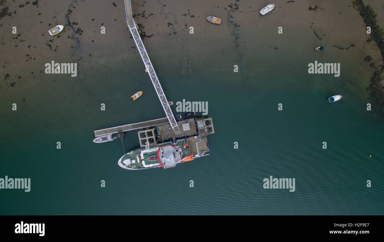 Aerial view of jetty and boat at berth, Bangor Anglesey North Wales