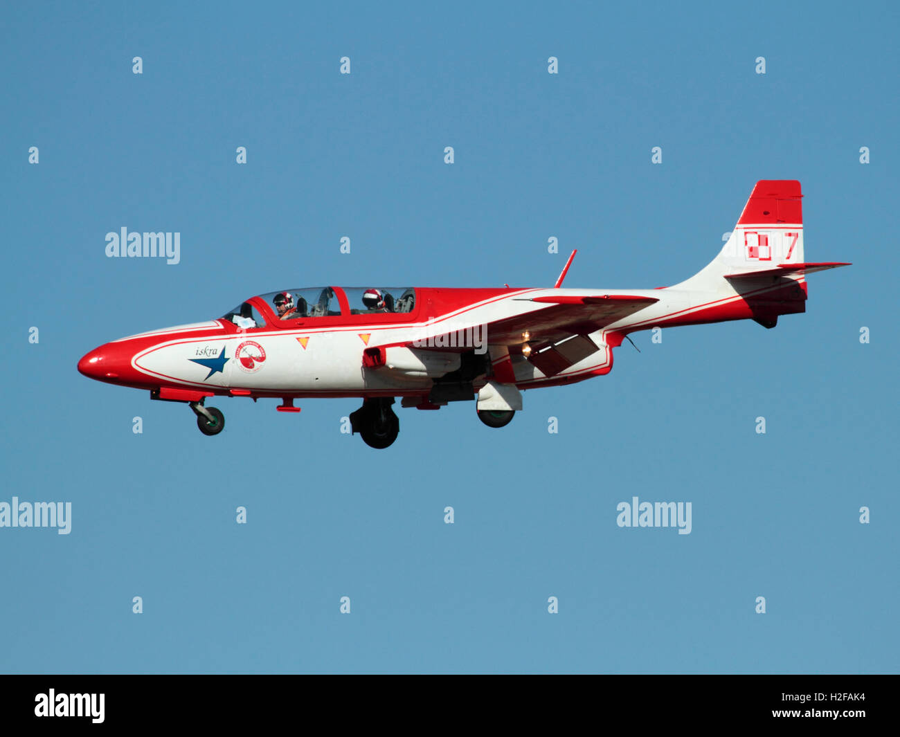 PZL TS-11 Iskra jet trainer aeroplane of the Polish Air Force aerobatic team the Bialo-Czerwone Iskry (White and Red Sparks) Stock Photo