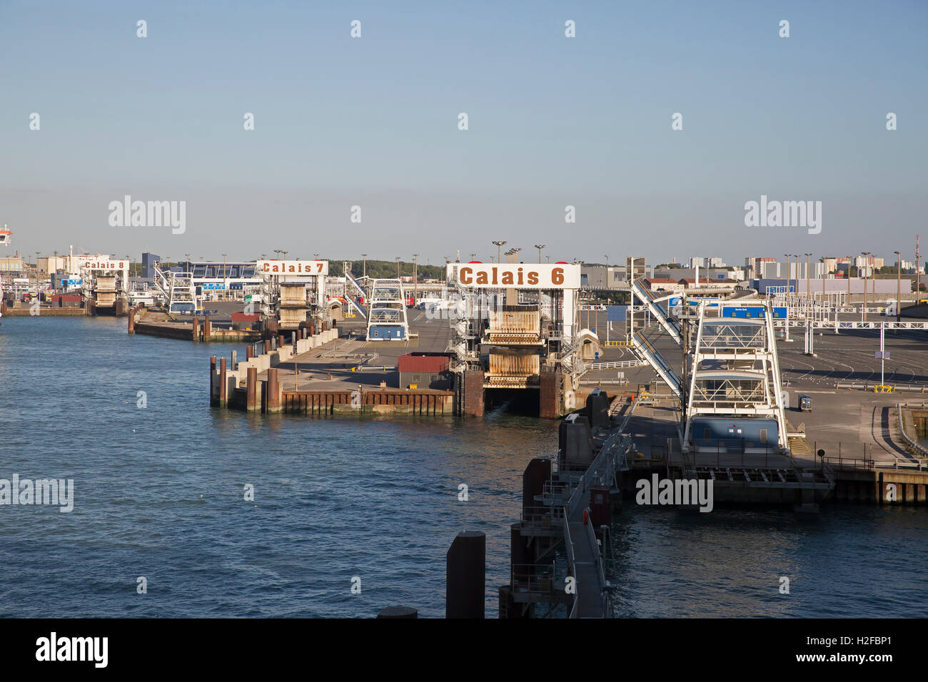 A view of the port of Calais early evening as seen from a car ferry