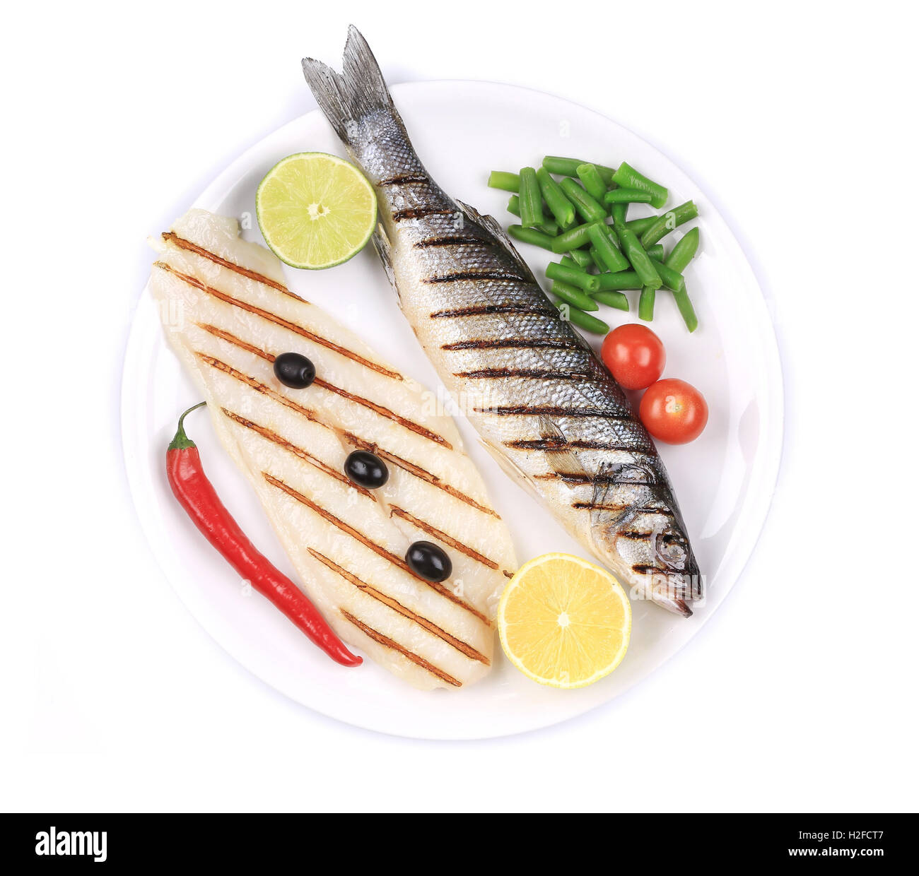 Grilled seabass with pangasius fillet Stock Photo Alamy