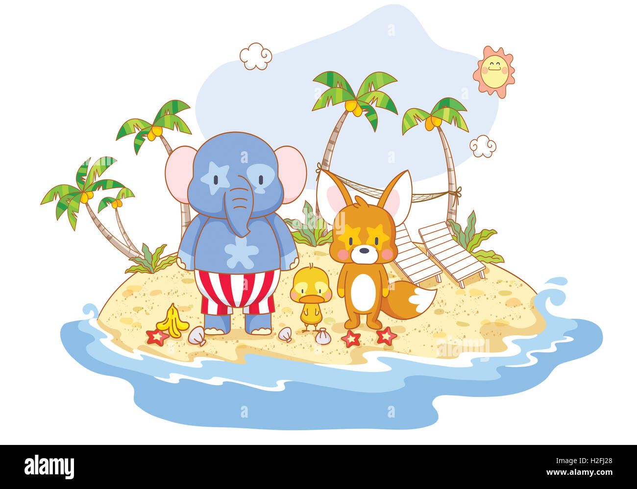 cartoon animals on the beach Stock Photo