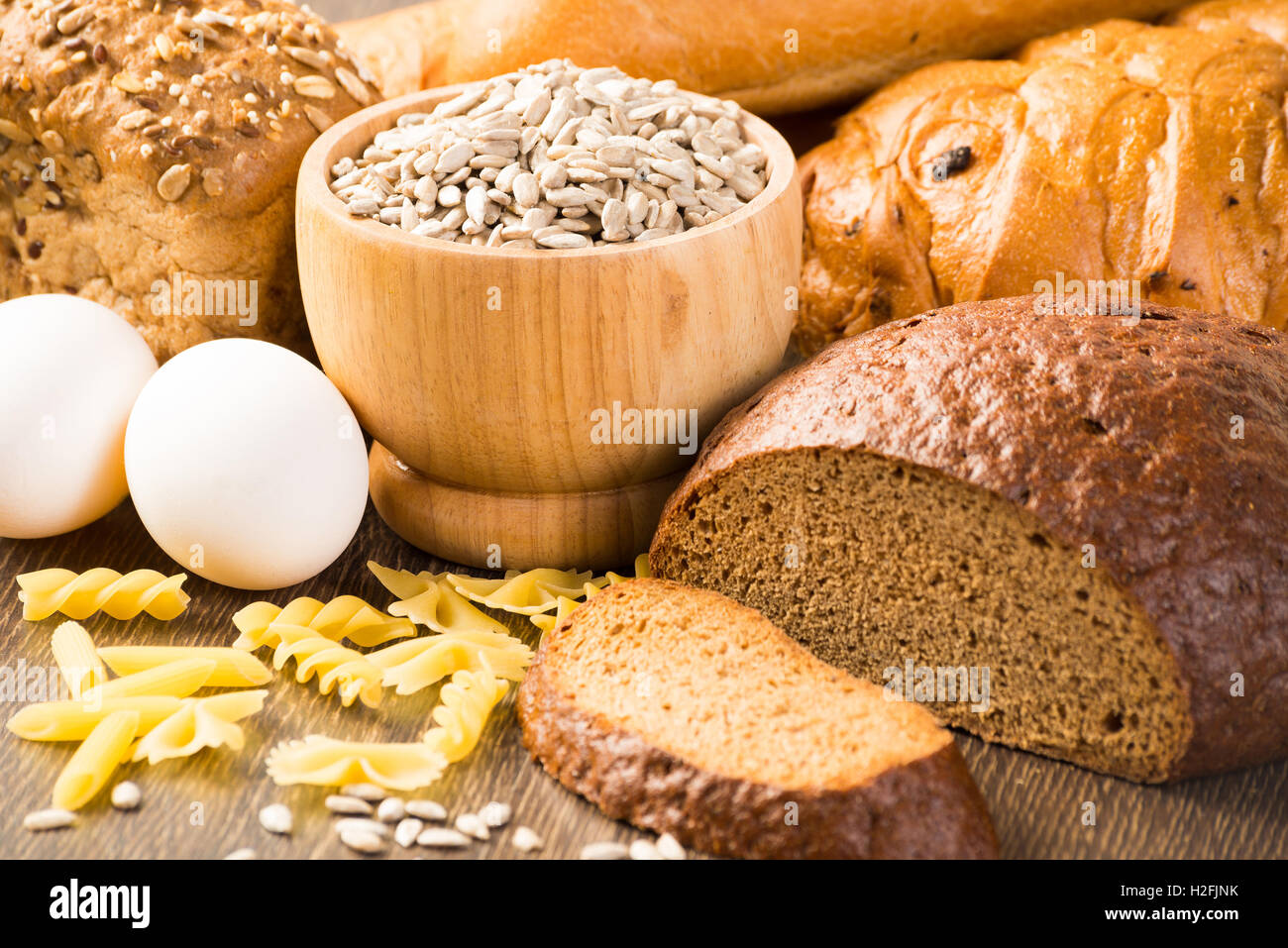 Fresh bread, eggs, pasta and grains Stock Photo Alamy