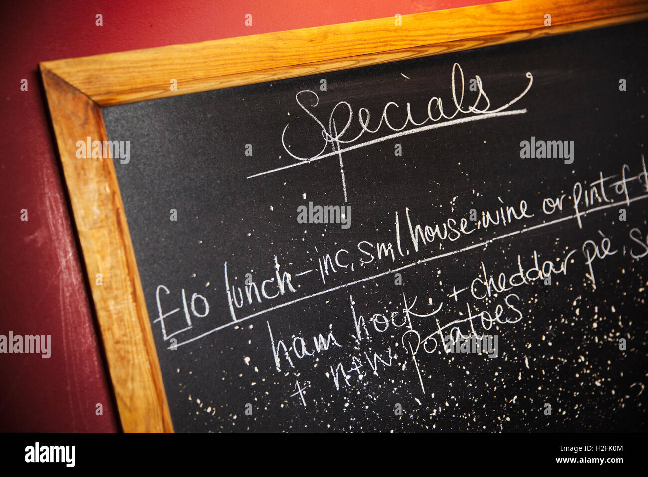A village public house menu chalked blackboard. Fixed price set menu for lunch. Stock Photo